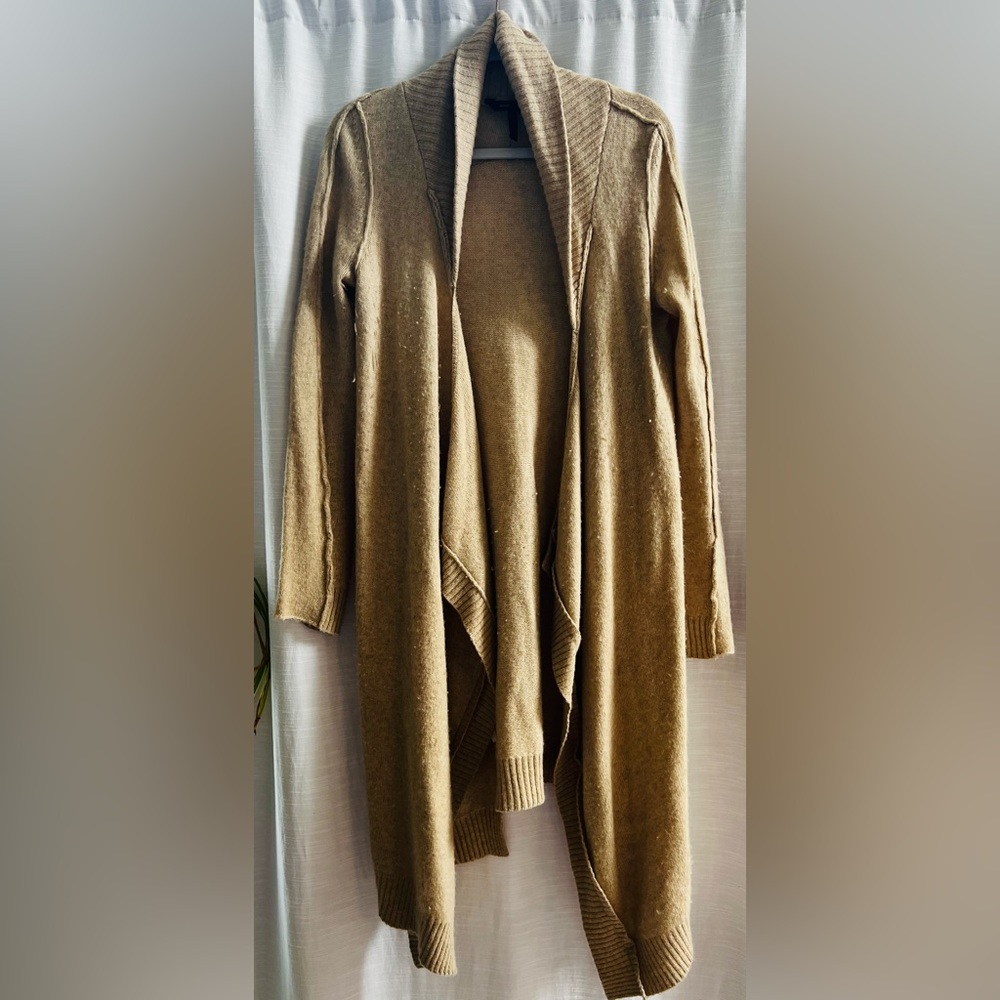 BCBG maxazria long, tan cardigan sweater.